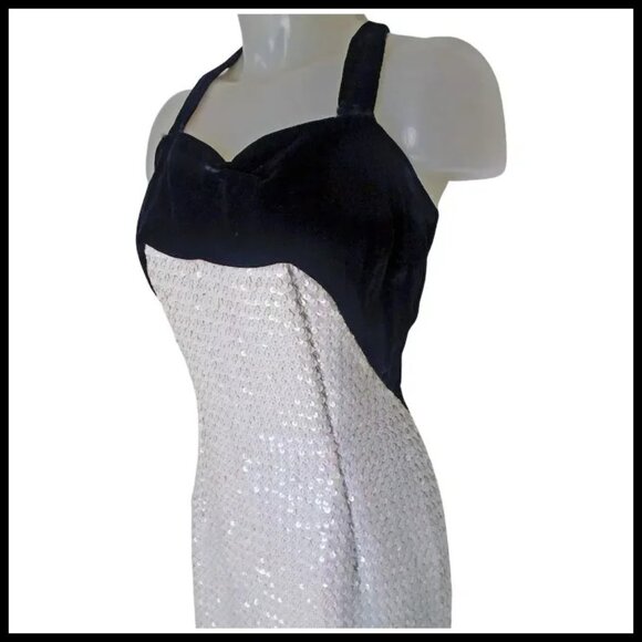 Black Velvet Cocktail Dress with White Sequins! Bombshell Formal Sheath 50s VTG - Picture 7 of 16